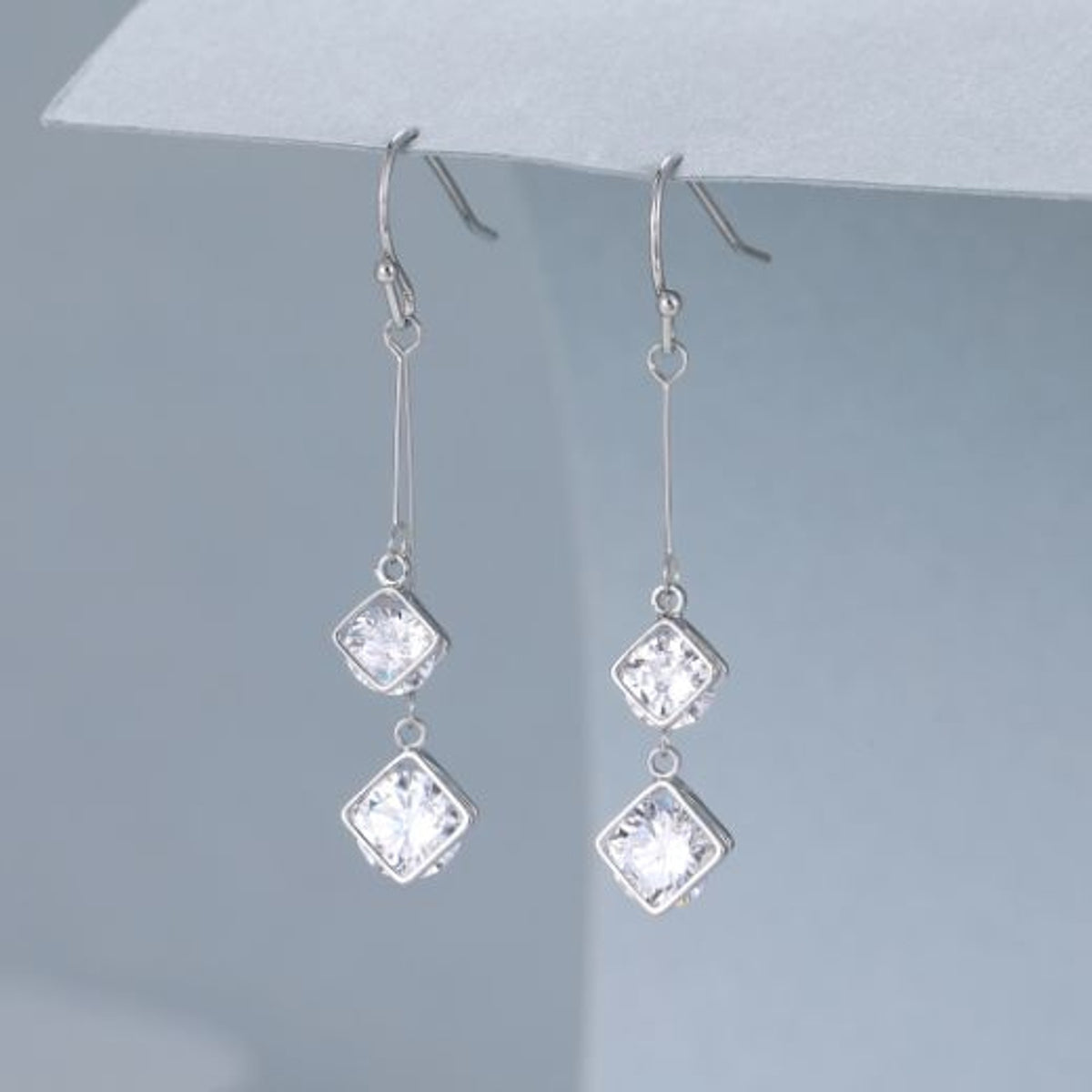 Earrings: Drop Hook Crystal Diamonds - Silver