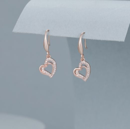 Earrings: Drop Hook Open Crystal Heart - Rose Gold