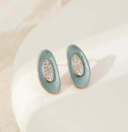 Earrings: Stud Oval Crystal Centre - Gold Green Shades - Gracee Jewellery