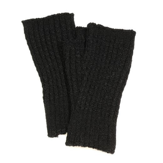 Fingerless Gloves: Knitted Recycled Yarn CABLE KNIT - BLACK - POM