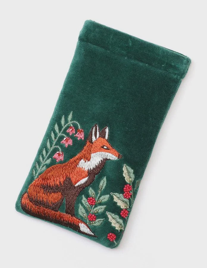 Glasses Case: Velvet Embroidered Festive Fox - Green  - POM