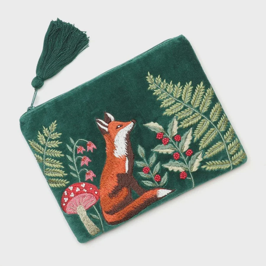 Purse Pouch: Velvet Embroidered Festive Fox - Green - POM