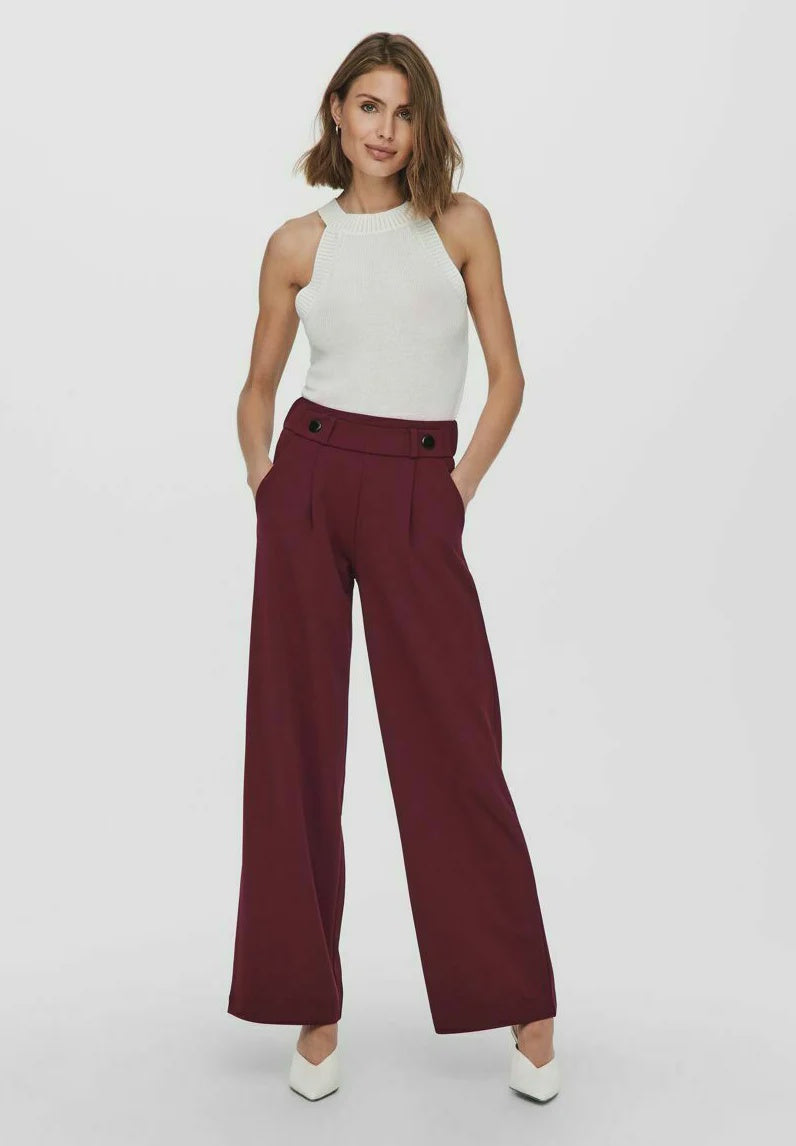 Trousers: Stretch Button Wide Leg  GEGGO - Wine  BLACK BUTTONS - JDY