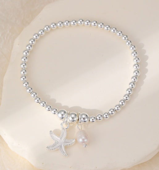 Bracelet: Stretch Beads Starfish and Pearl Pendants - Silver