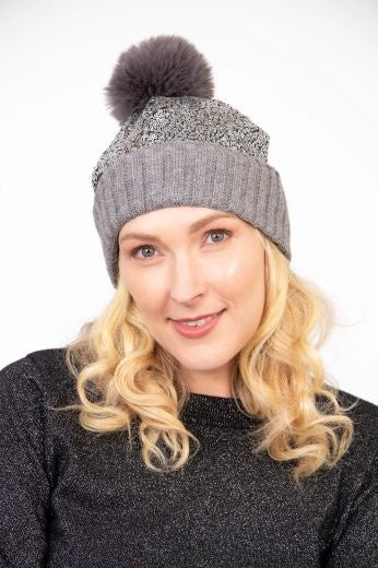 Hat: Knitted Sequins Pom Pom - Silver Grey - SARTA