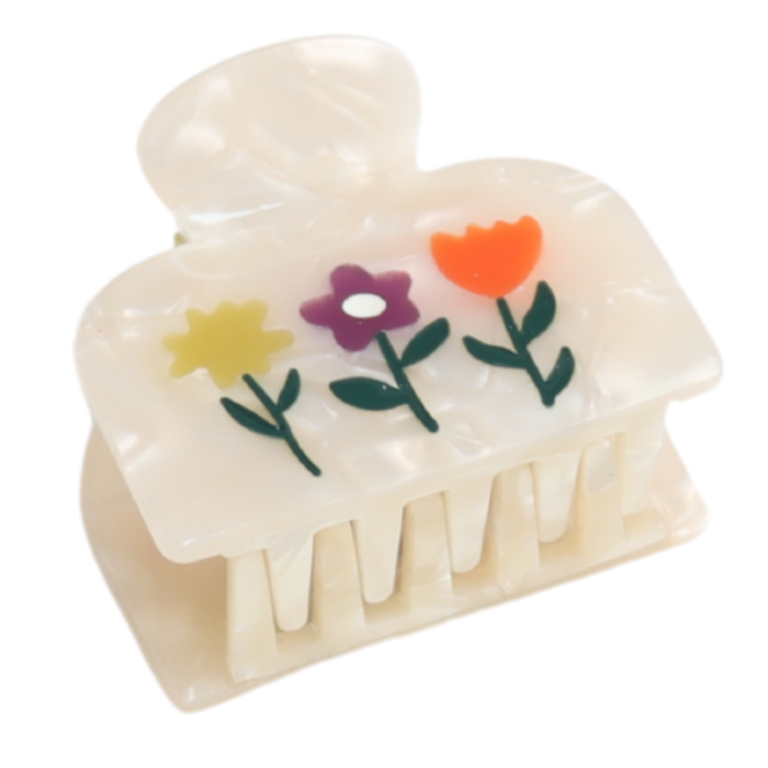 Hair Claw: Small 3 Flowers Square  - Cream - Red Cuckoo