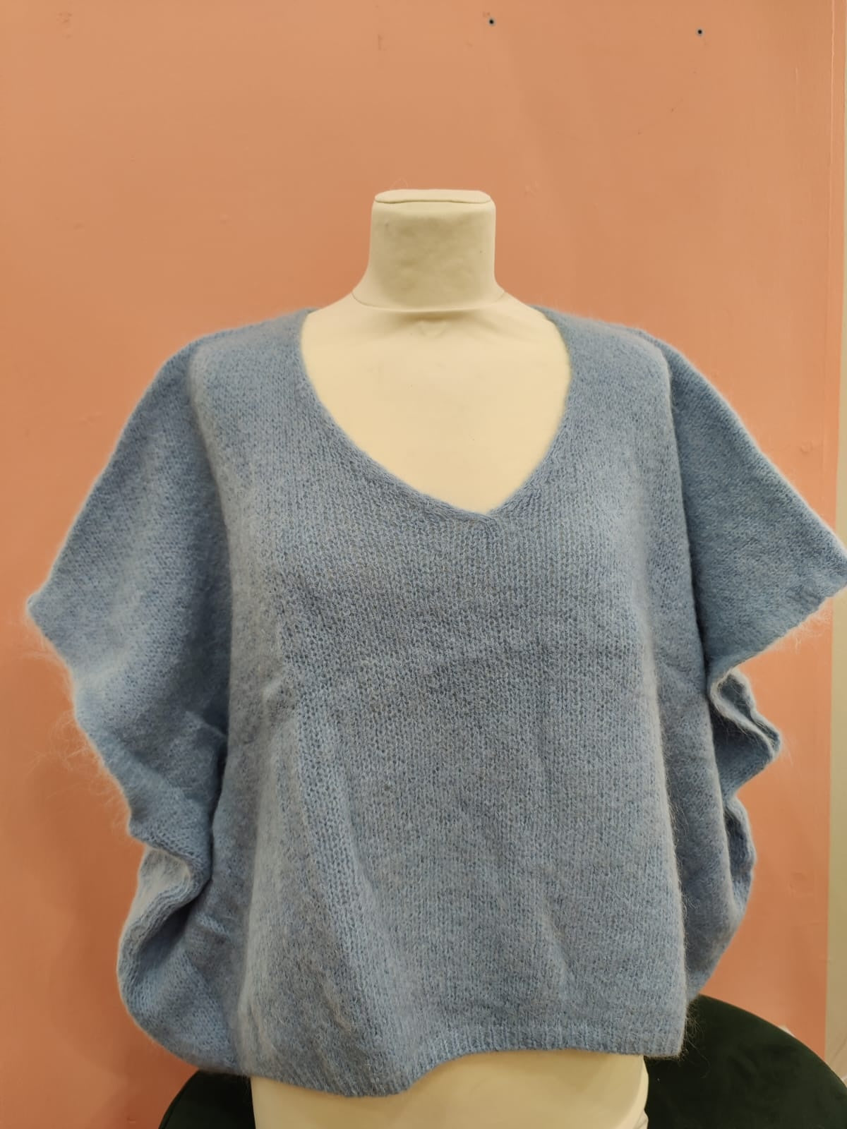 Jumper: Mohair Mix V Neck Short Sleeve Drop Shoulder -  Icy Blue - One Size Italian Clothing