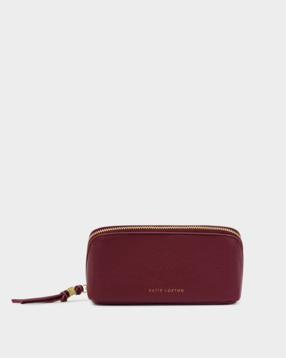 Cosmetic Bag: Soft Vegan Leather Wash Full Open w Fold Out Mirror - Cherry - Katie Loxton