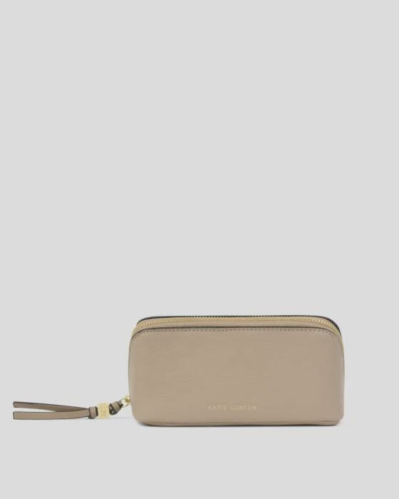 Cosmetic Bag: Soft Vegan Leather Wash Full Open w Fold Out Mirror - Light Taupe - Katie Loxton
