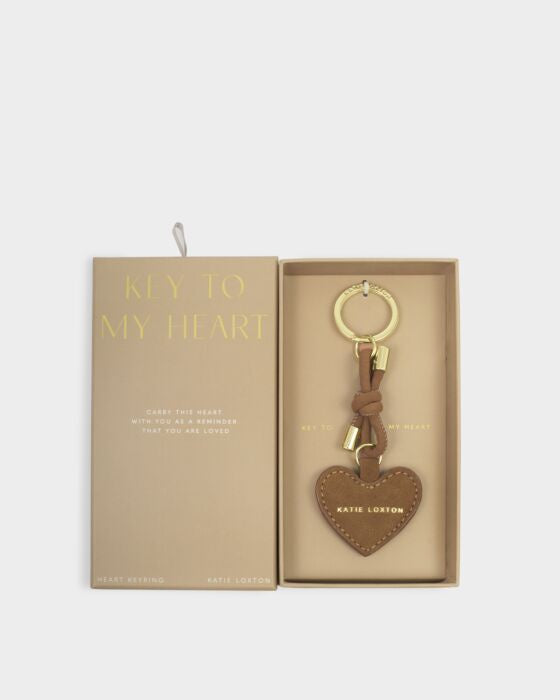 Boxed Keyring: Soft Vegan Suedette Leather - KEY TO MY HEART - Brown  - Katie Loxton