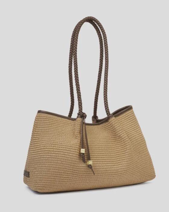 Tote Bag: Raffia Vegan Leather Trim NOVA - Brown - Katie Loxton