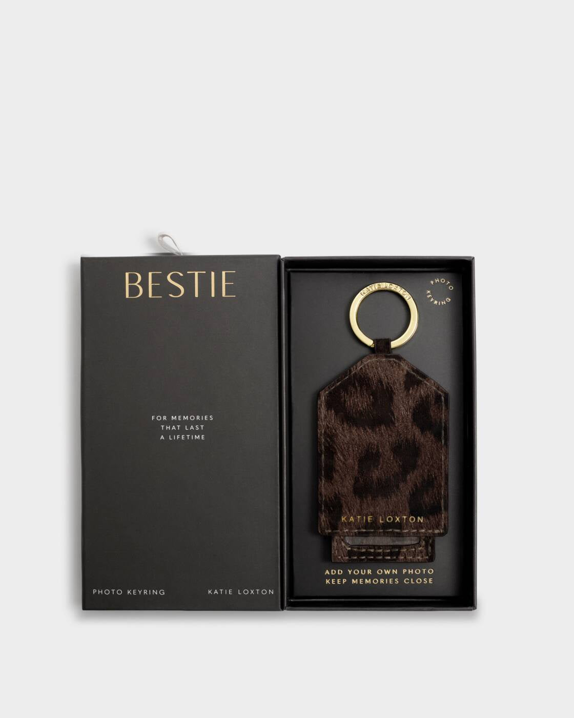 Boxed Keyring: Soft Vegan Suedette Leather - BESTIE - Leopard  - Katie Loxton