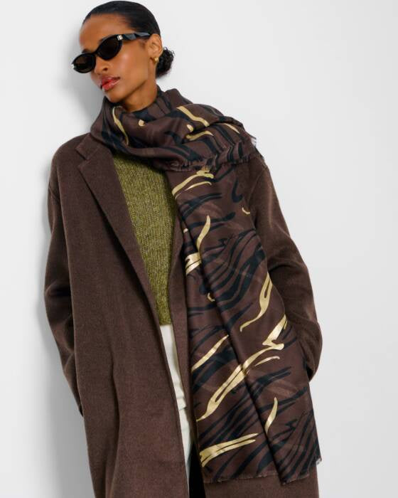 Scarf: Lightweight Printed Foil Zebra - Brown - Katie Loxton