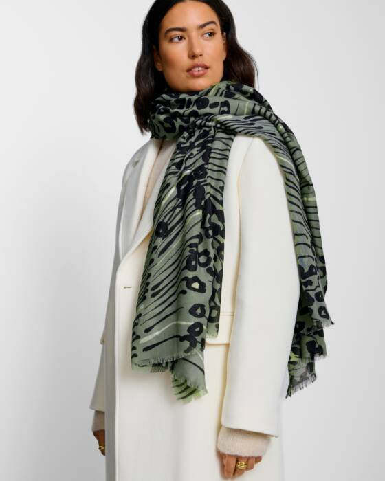Scarf: Lightweight Printed Foil Abstract Animal - Green - Katie Loxton