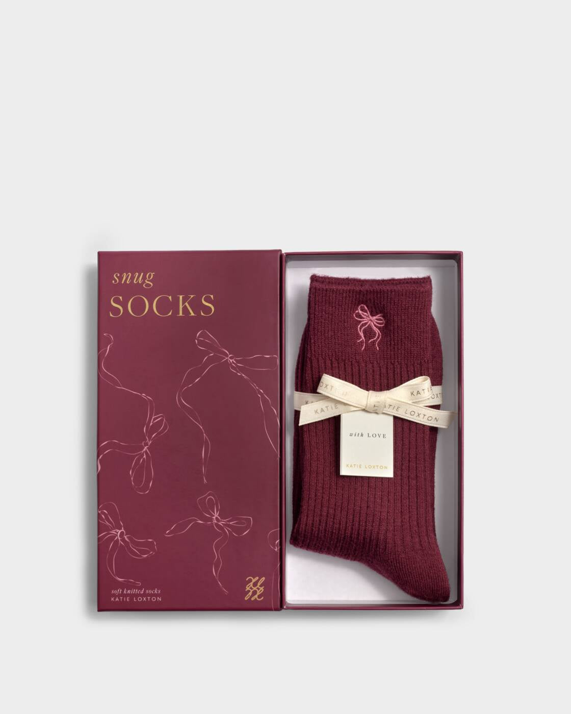 Socks: Gift Boxed Fluffy Soft Embroidered Pink Bow - Cherry - Katie Loxton