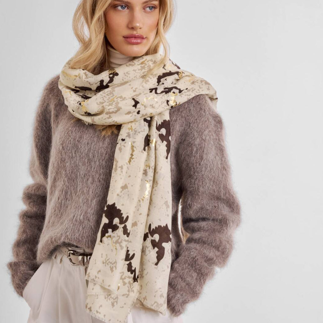 Scarf: Lightweight Snake Foil Printed- Beige & Gold - Katie Loxton
