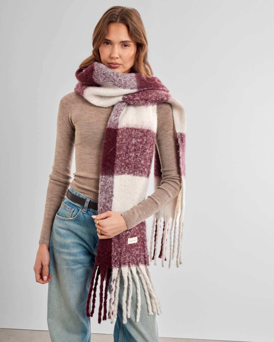 Scarf: Recycled Super Soft Chunky Checked With Tassles - Burgundy - Katie Loxton