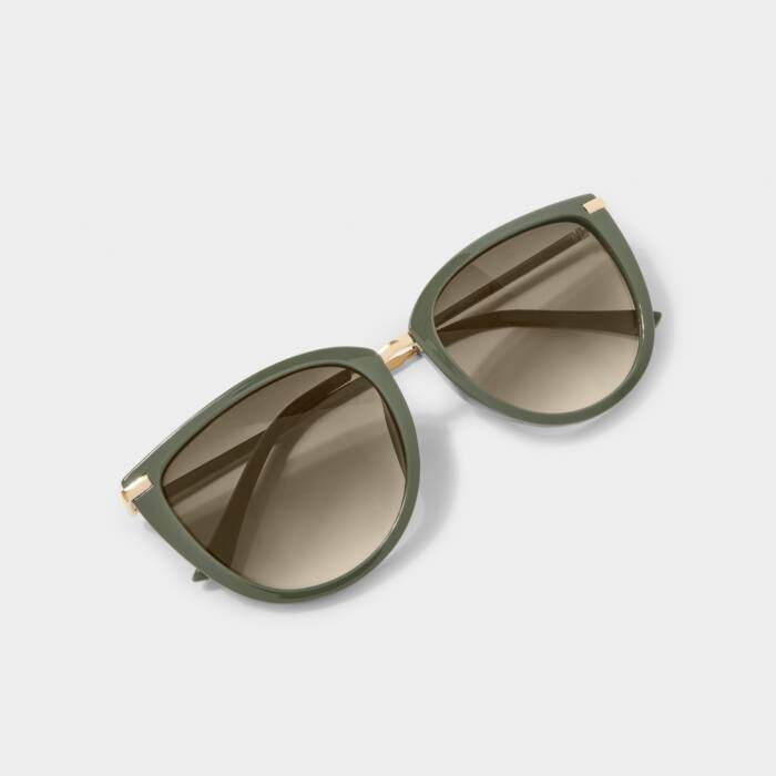 Sunglasses: Sunglasses Sardinia Round Gold Arms UV Protection - Khaki Green - Katie Loxton