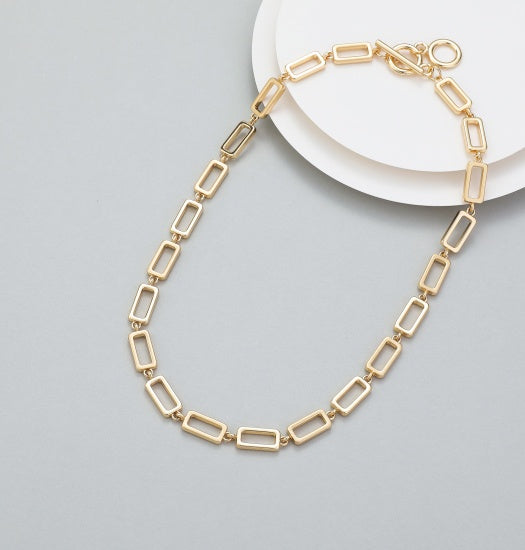Necklace: Short Rectangular Chain Links T Bar Clasp - Gold - Gracee Jewellery