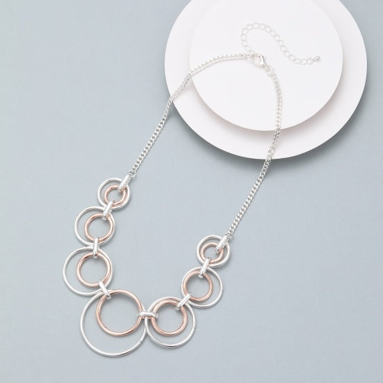 Necklace: Short Chain Circle Inside Circle Links  - Silver & Rose Gold  - Gracee Jewellery