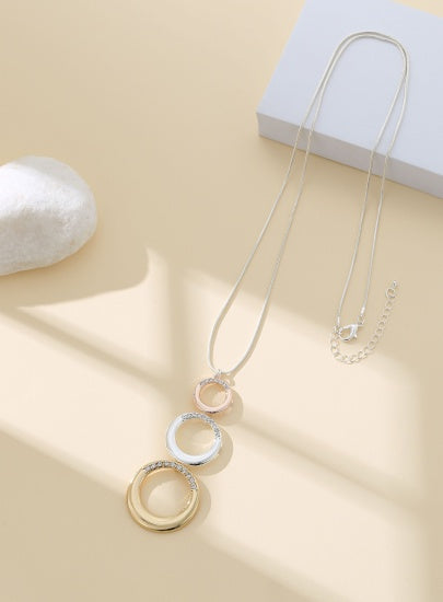 Necklace: Long Pendant Triple Circles - Mixed Metals - Gracee Jewellery