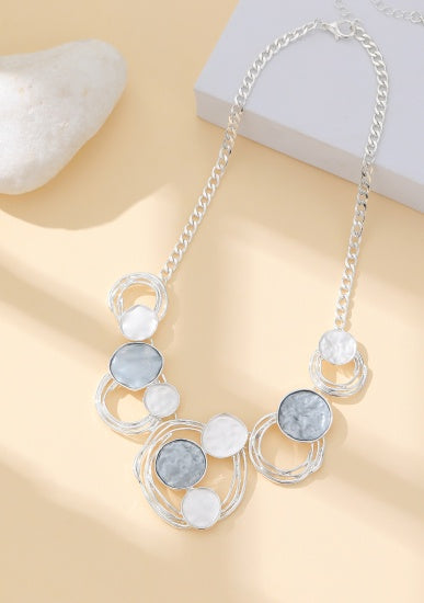 Necklace: Short Layered Circles - Silver White and Blue - Gracee Jewellery
