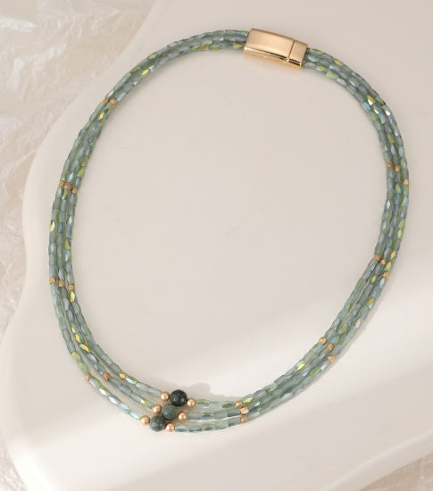 Necklace: Short Triple Strands Green - Gold Gracee Jewellery