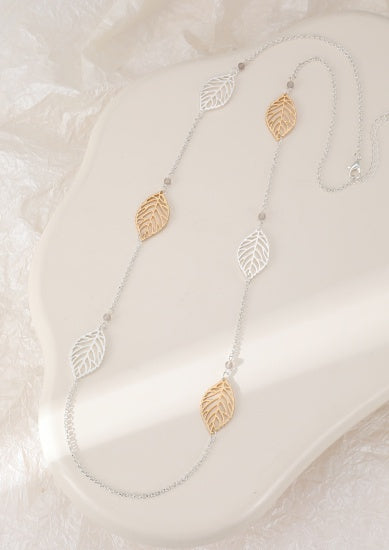Necklace: Long Chain Open Leaves - Silver & Gold - Gracee Jewellery
