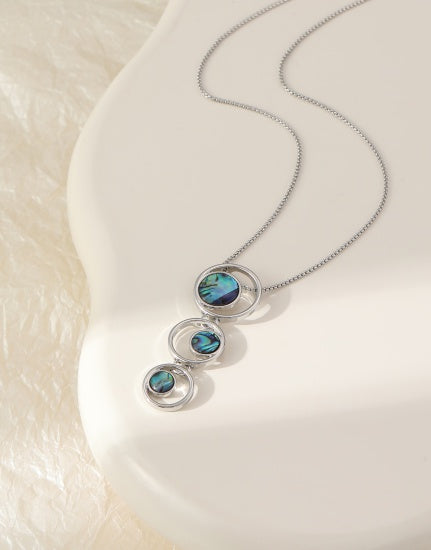 Necklace: Short Pendant Triple Circle - Silver Green Abalone Shell - Gracee Jewellery