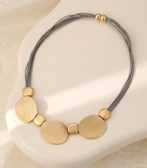 Necklace: Magnetic Leather Cord Large Triple Flat Gold Pendant - Grey Gold - Gracee Jewellery