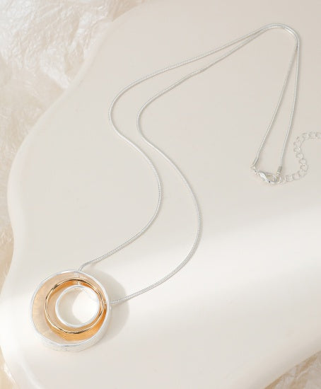 Necklace: Long Pendant Nested Open Circles - Silver and Gold - Gracee Jewellery