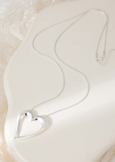 Necklace: Long Heart Open Pendant - Silver - Gracee