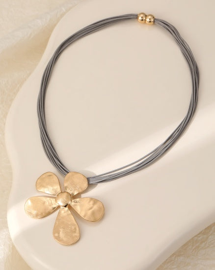 Necklace: Leather Cord Large Daisy Pendant - Grey Gold - Gracee Jewellery