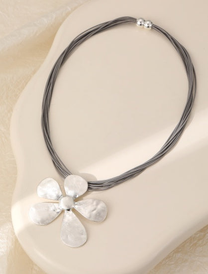 Necklace: Leather Cord Large Daisy Pendant - Grey Silver - Gracee Jewellery