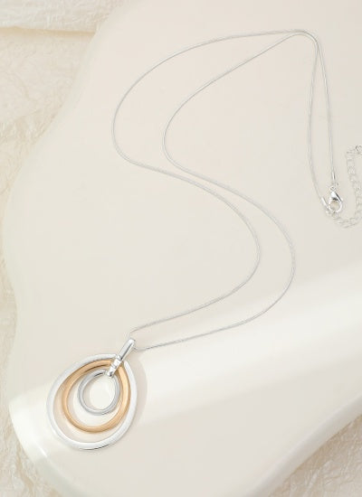 Necklace: Long Pendant Nested Open Ovals - Silver & Gold - Gracee Jewellery