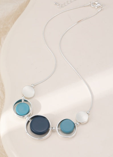 Necklace: Short Layered Circles & Discs - Silver and Blue - Gracee Jewellery