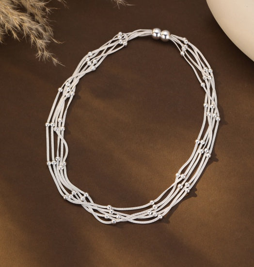 Necklace: Short Magnetic Strands Beads Interlinked - Silver