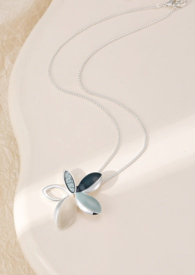 Necklace: Short Flower Pendant - Silver & Blue - Gracee Jewellery