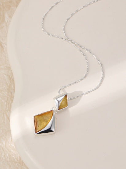 Necklace: Short Abstract Squares Pendant - Silver and Yellow - Gracee Jewellery
