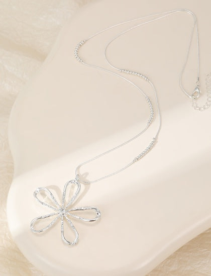Necklace: Long Large Flower Pendant - Silver  - Gracee Jewellery
