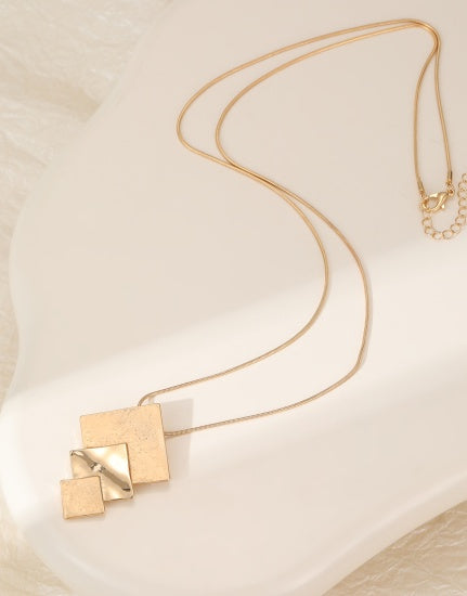 Necklace: Long Abstract Squares Pendant - Gold - Gracee Jewellery