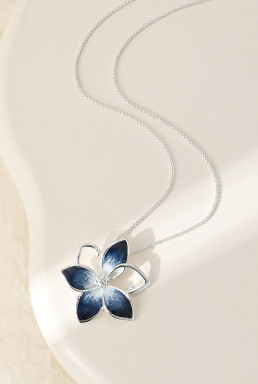 Necklace: Short Flower Pendant - Silver & Blue - Gracee Jewellery