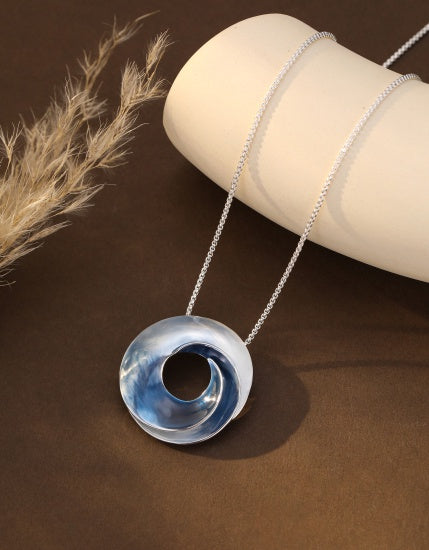Necklace: Short Circle Pendant Waves Design - Blue - Gracee Jewellery