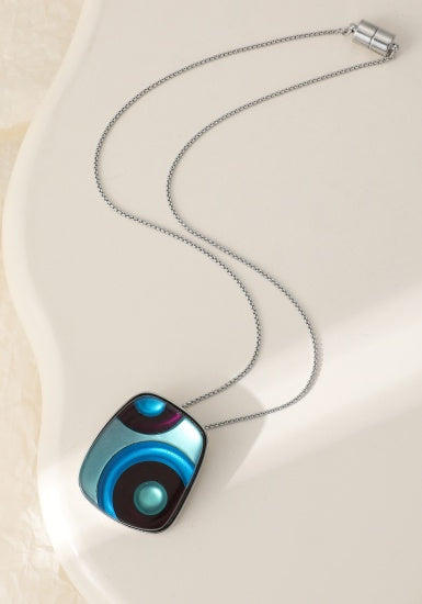 Necklace: Magnetic Resin Aqua Purple Circles Pendant - Silver