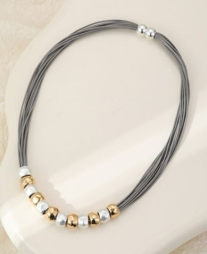 Necklace: Leather Cord Beads Mixed Metal - Grey Gold & Silver - Gracee Jewellery
