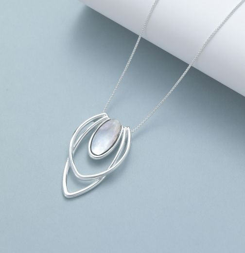 Necklace: Short Chain Cut Out Mother Of Pearl Abstract Double Leaf - Silver - Antique Rose