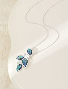 Necklace: Short Pendant Leaves Cluster Drop - Silver Green Abalone Shell - Gracee Jewellery