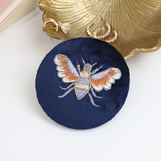Compact Mirror: Velvet Embroidered Bee - Navy Blue - POM