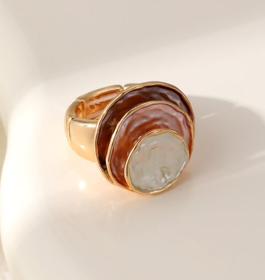 Ring: Elastic Band Tri Colour Layered Circles - Burgundy Brown Shades - Gracee Jewellery