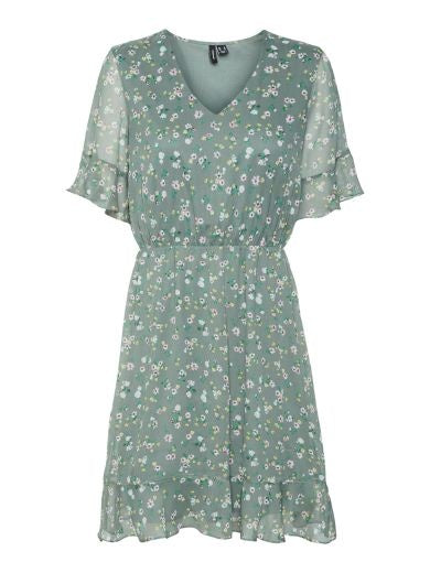 Short Dress: Chiffon V Neck Short Sleeve Short Floral SMILLA - Green - Vero Moda